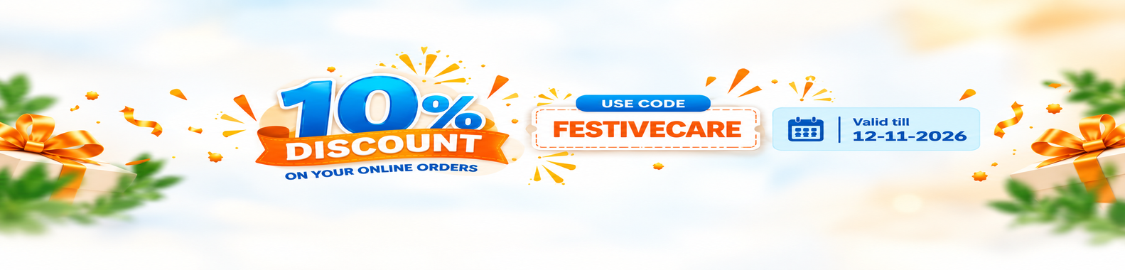 Medikosh Pharmacy festive offer banner featuring 10% discount on online orders with promo code FESTIVECARE, valid till 12 November 2026.