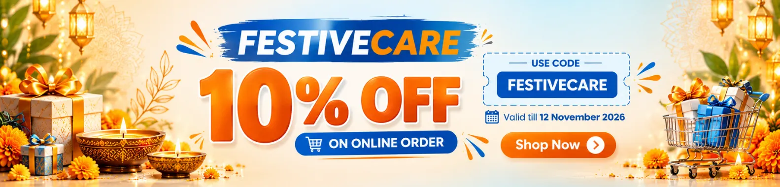 Medikosh Pharmacy festive offer banner featuring 10% discount on online orders with promo code FESTIVECARE, valid till 12 November 2026.