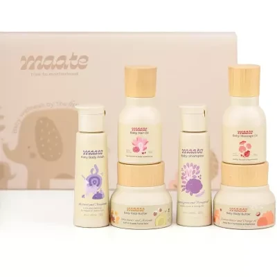 Maate Baby Skincare Wellness Box Baby Body Wash 50Ml Hair Oil 50Ml Shampoo 50Ml Massage Oil 50Ml Face Butter 50G Body Butter 50G 1Kit