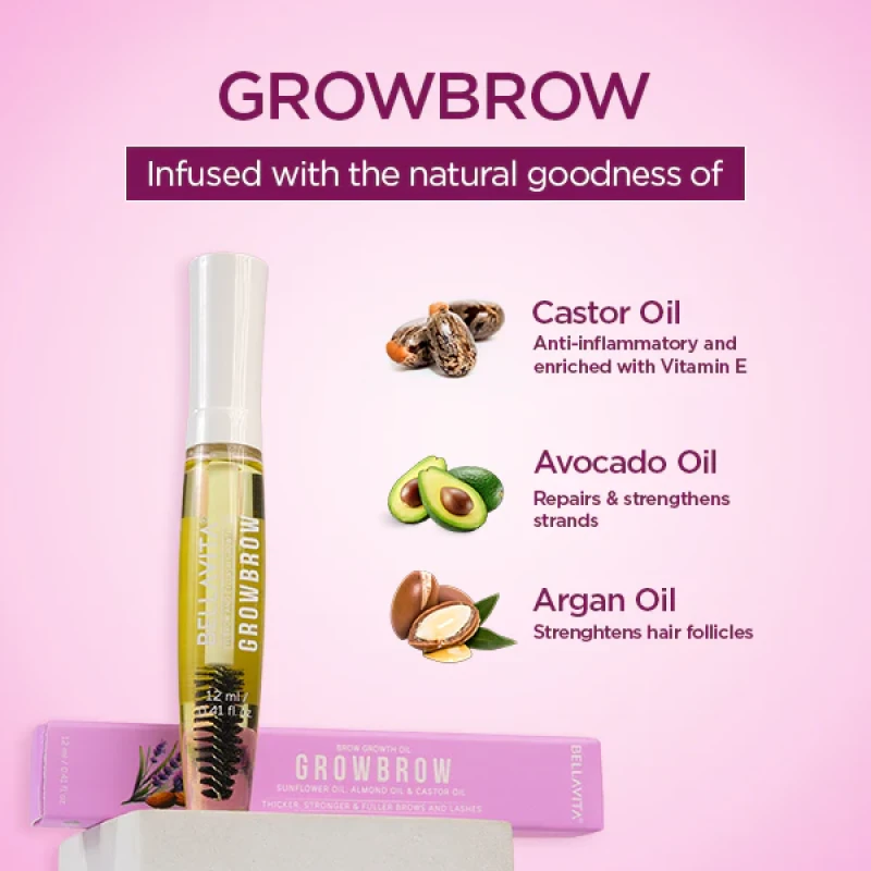 Bella Vita Organic GrowBrow Serum: Enhance eyelashes, eyebrows, and hair growth with castor oil, vitamin E.