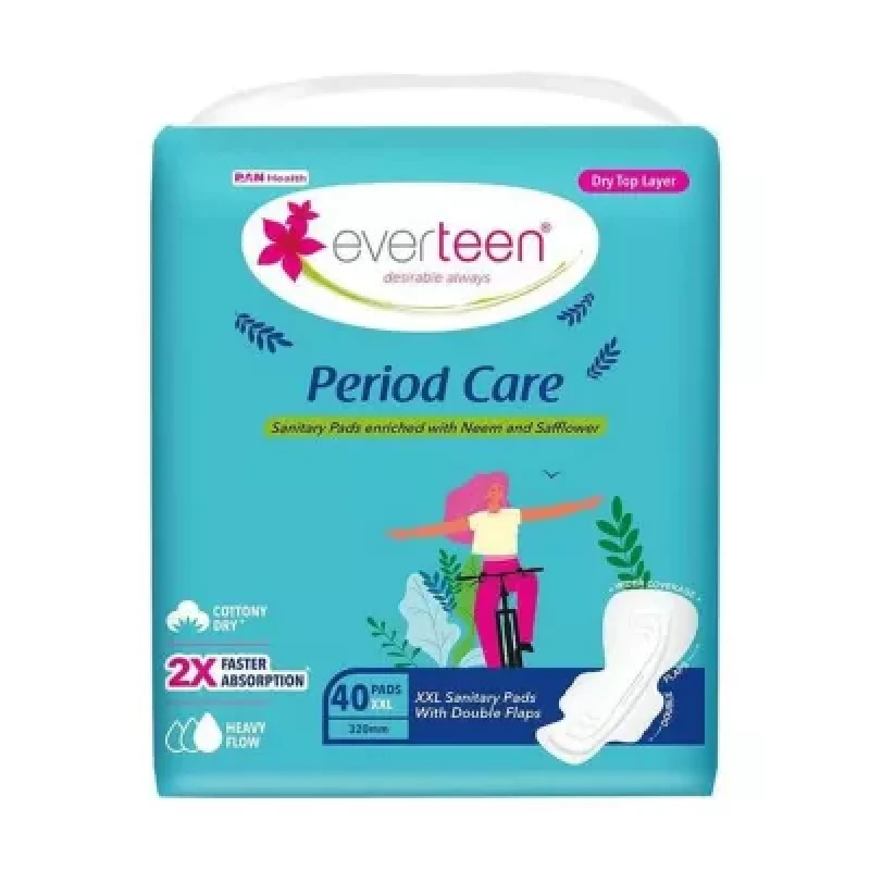 Everteen Period Care Xxl Dry Sanitary Pads 320mm With Double Flaps Enriched With Neem And Safflower 40Pcs