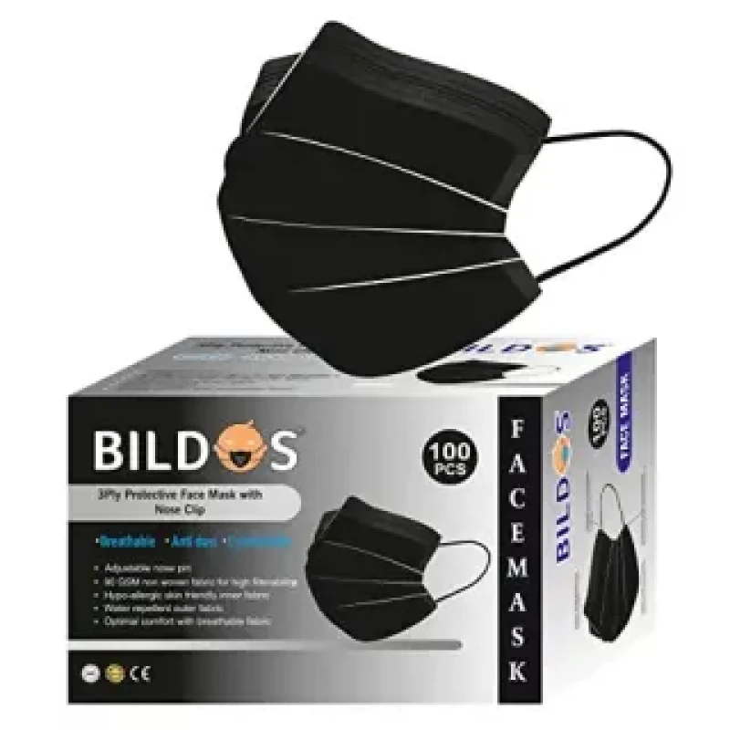 Bildos Disposable Face Mask: 3-Layer, Pack of 100, Black