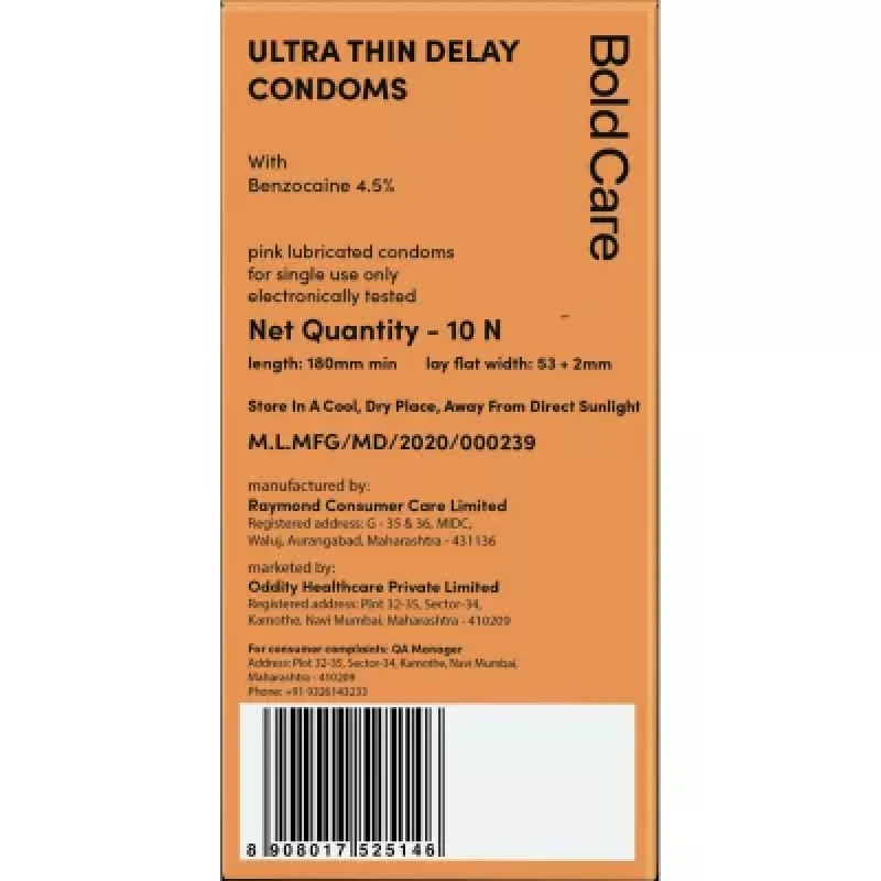 Bold Care Ultra Thin Condoms Delay With Benzocaine 4.5% 10Units